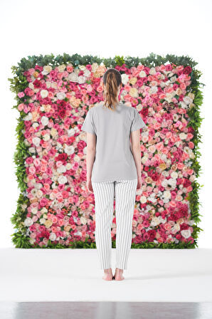 Kadın Yazlık Çizgili Kısa Kollu Penye Lycra Pijama Takımı