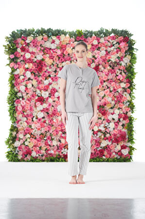 Kadın Yazlık Çizgili Kısa Kollu Penye Lycra Pijama Takımı