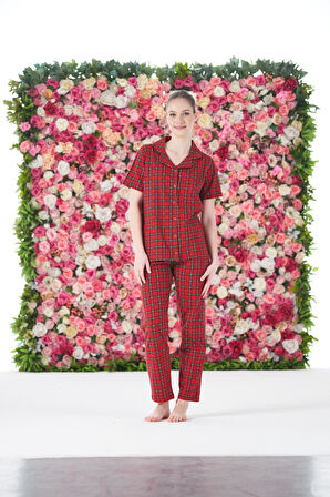 Kadın Yazlık Kareli Önden Düğmeli Kısa Kollu Penye Lycra Pijama Takımı