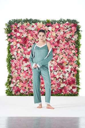 Kadın Yazlık Desenli 3 Parça Sabahlıklı İp Askılı Likra Viskon Pijama Takımı - Yeşil