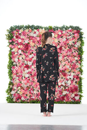 Kadın Yazlık Çiçek Desenli 3 Parça Sabahlıklı İp Askılı Likra Viskon Pijama Takımı - Siyah