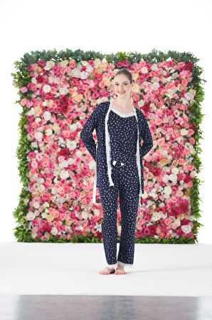 Kadın Yazlık Desenli 3 Parça Sabahlıklı İp Askılı Likra Viskon Pijama Takımı - Lacivert