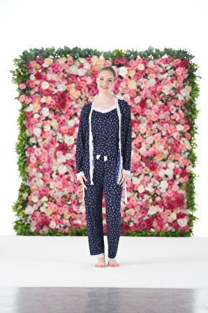 Kadın Yazlık Desenli 3 Parça Sabahlıklı İp Askılı Likra Viskon Pijama Takımı - Lacivert