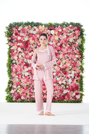 Kadın Yazlık Desenli 3 Parça Sabahlıklı İp Askılı Likra Viskon Pijama Takımı - Pudra