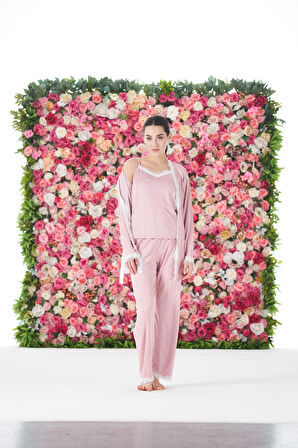 Kadın Yazlık Desenli 3 Parça Sabahlıklı İp Askılı Likra Viskon Pijama Takımı - Pudra