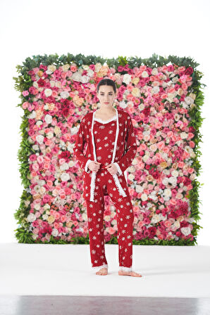 Kadın Yazlık Papatya Desenli 3 Parça Sabahlıklı İp Askılı Likra Viskon Pijama Takımı - Kırmızı