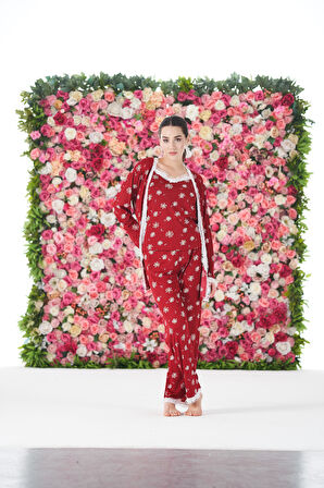 Kadın Yazlık Papatya Desenli 3 Parça Sabahlıklı İp Askılı Likra Viskon Pijama Takımı - Kırmızı