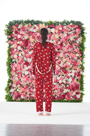 Kadın Yazlık Papatya Desenli 3 Parça Sabahlıklı İp Askılı Likra Viskon Pijama Takımı - Kırmızı