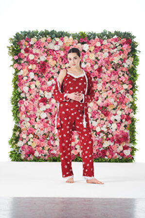 Kadın Yazlık Papatya Desenli 3 Parça Sabahlıklı İp Askılı Likra Viskon Pijama Takımı - Kırmızı