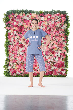 Kadın Yazlık Kalp Desenli Kısa Kollu Kaprili Penye Lycra Pijama Takımı