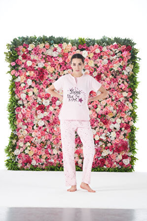 Kadın Yazlık Yıldızlı Kısa Kollu Penye Lycra Pijama Takımı