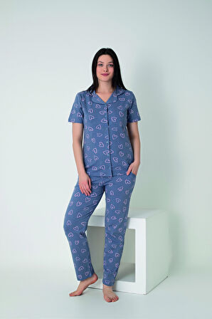 Kadın Yazlık Kalpli Önden Düğmeli Kısa Kollu Penye Lycra Pijama Takımı