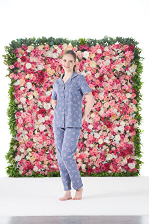 Kadın Yazlık Kalpli Önden Düğmeli Kısa Kollu Penye Lycra Pijama Takımı