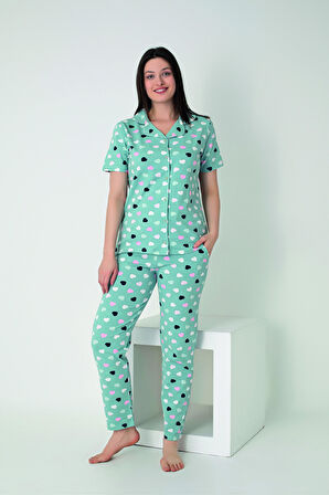 Kadın Yazlık Kalpli Önden Düğmeli Kısa Kollu Penye Lycra Pijama Takımı