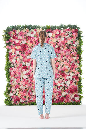 Kadın Yazlık Kalpli Önden Düğmeli Kısa Kollu Penye Lycra Pijama Takımı