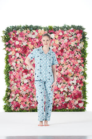 Kadın Yazlık Kalpli Önden Düğmeli Kısa Kollu Penye Lycra Pijama Takımı