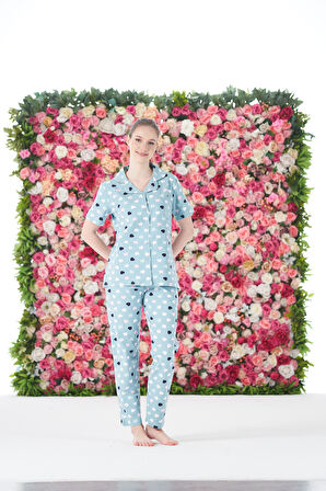 Kadın Yazlık Kalpli Önden Düğmeli Kısa Kollu Penye Lycra Pijama Takımı