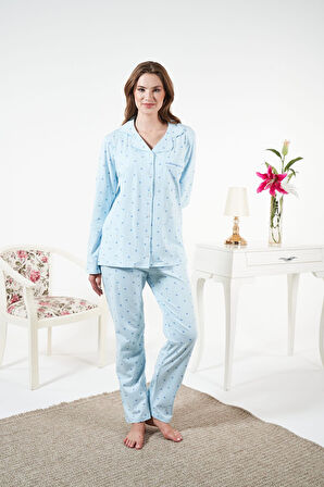 Kadın Kışlık Önden Düğmeli Puantiyeli Penye Lycra Pijama Takımı
