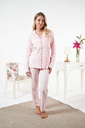 Kadın Kışlık Önden Düğmeli Puantiyeli Penye Lycra Pijama Takımı