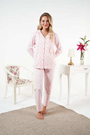 Kadın Kışlık Önden Düğmeli Puantiyeli Penye Lycra Pijama Takımı