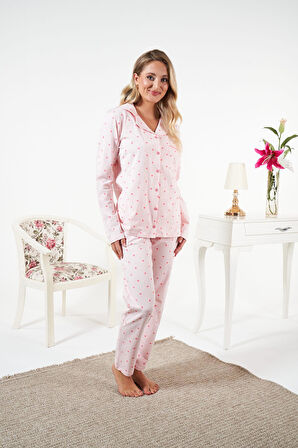 Kadın Kışlık Önden Düğmeli Puantiyeli Penye Lycra Pijama Takımı