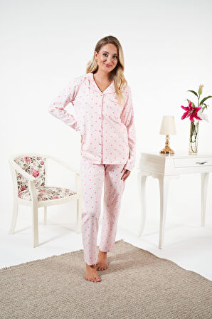 Kadın Kışlık Önden Düğmeli Puantiyeli Penye Lycra Pijama Takımı
