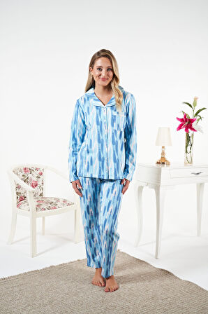 Kadın Kışlık Önden Düğmeli Desenli Penye Lycra Pijama Takımı Mavi