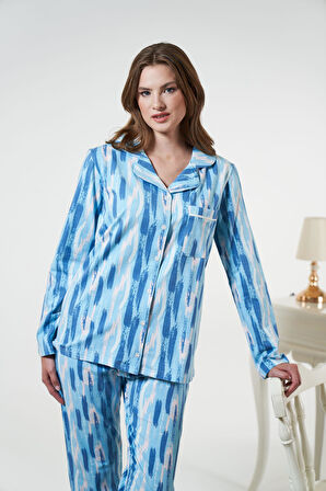 Kadın Kışlık Önden Düğmeli Desenli Penye Lycra Pijama Takımı Mavi