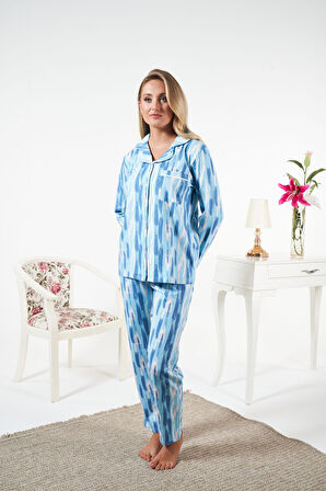 Kadın Kışlık Önden Düğmeli Desenli Penye Lycra Pijama Takımı Mavi