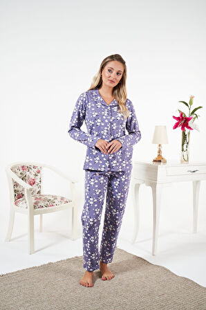 Kadın Kışlık Önden Düğmeli Çiçek Desenli Penye Lycra Pijama Takımı Mor
