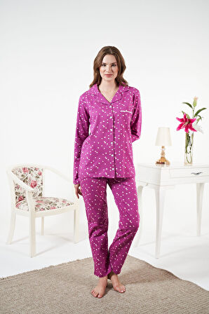 Kadın Kışlık Önden Düğmeli Puantiyeli Penye Lycra Pijama Takımı Fuşya