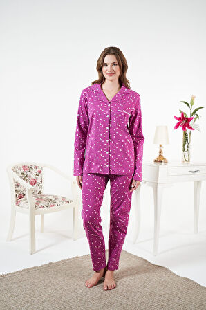 Kadın Kışlık Önden Düğmeli Puantiyeli Penye Lycra Pijama Takımı Fuşya