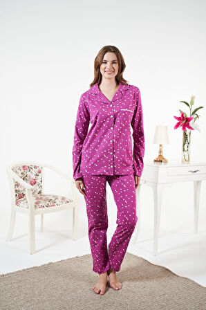 Kadın Kışlık Önden Düğmeli Puantiyeli Penye Lycra Pijama Takımı Fuşya