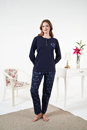 Kadın Kışlık Patlı Desenli Penye Lycra Pijama Takımı Lacivert