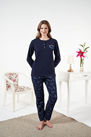 Kadın Kışlık Patlı Desenli Penye Lycra Pijama Takımı Lacivert