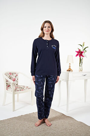 Kadın Kışlık Patlı Desenli Penye Lycra Pijama Takımı Lacivert