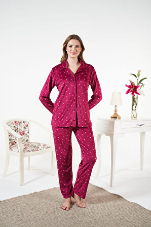 Kadın Kışlık Önden Düğmeli Kalp Desenli Kadife Pijama Takımı Bordo