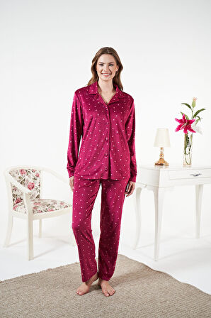 Kadın Kışlık Önden Düğmeli Kalp Desenli Kadife Pijama Takımı Bordo
