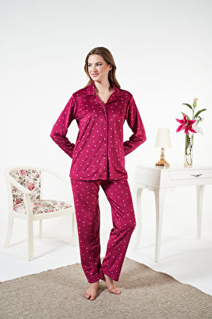 Kadın Kışlık Önden Düğmeli Kalp Desenli Kadife Pijama Takımı Bordo