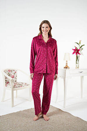 Kadın Kışlık Önden Düğmeli Kalp Desenli Kadife Pijama Takımı Bordo