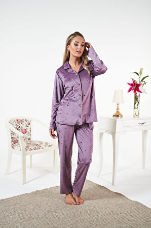 Kadın Kışlık Önden Düğmeli Yıldız Desenli Kadife Pijama Takımı Mor