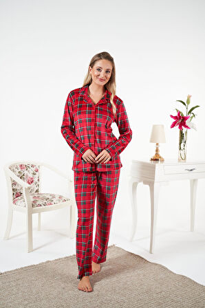 Kadın Kışlık Önden Düğmeli Kareli Kadife Pijama Takımı Kırmızı