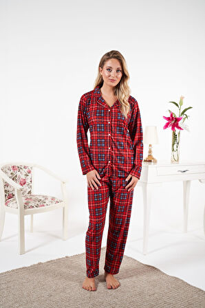 Kadın Kışlık Önden Düğmeli Kareli Süet Pijama Takımı