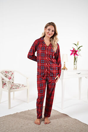 Kadın Kışlık Önden Düğmeli Kareli Süet Pijama Takımı
