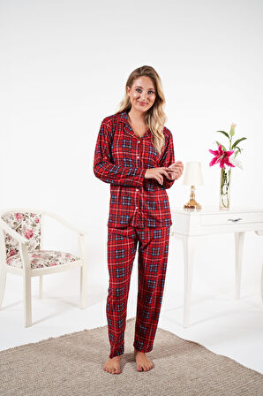Kadın Kışlık Önden Düğmeli Kareli Süet Pijama Takımı