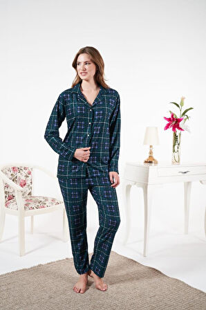 Kadın Kışlık Önden Düğmeli Kareli Süet Pijama Takımı