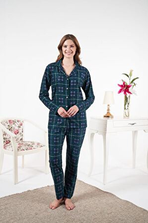 Kadın Kışlık Önden Düğmeli Kareli Süet Pijama Takımı