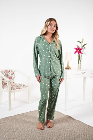 Kadın Kışlık Önden Düğmeli Kalp Desenli Süet Pijama Takımı