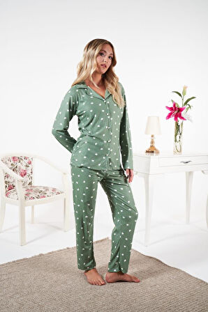 Kadın Kışlık Önden Düğmeli Kalp Desenli Süet Pijama Takımı