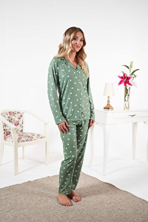 Kadın Kışlık Önden Düğmeli Kalp Desenli Süet Pijama Takımı